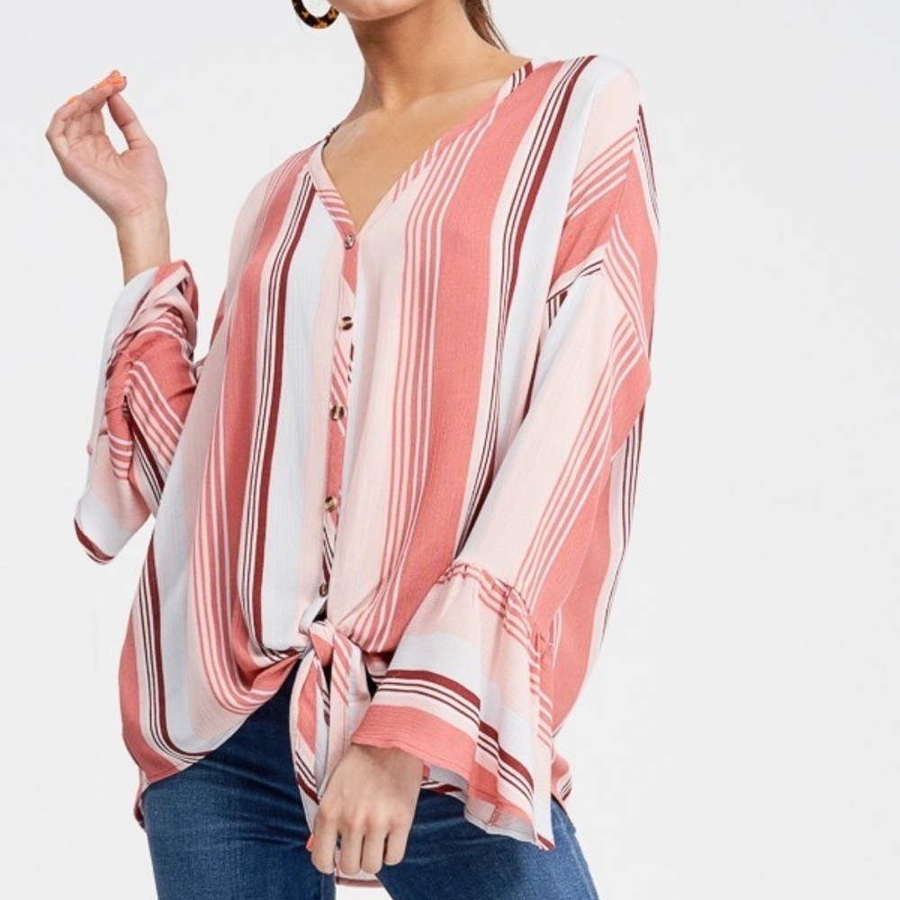 White Birch Striped knit top with Trumpet sleeve -L NWT